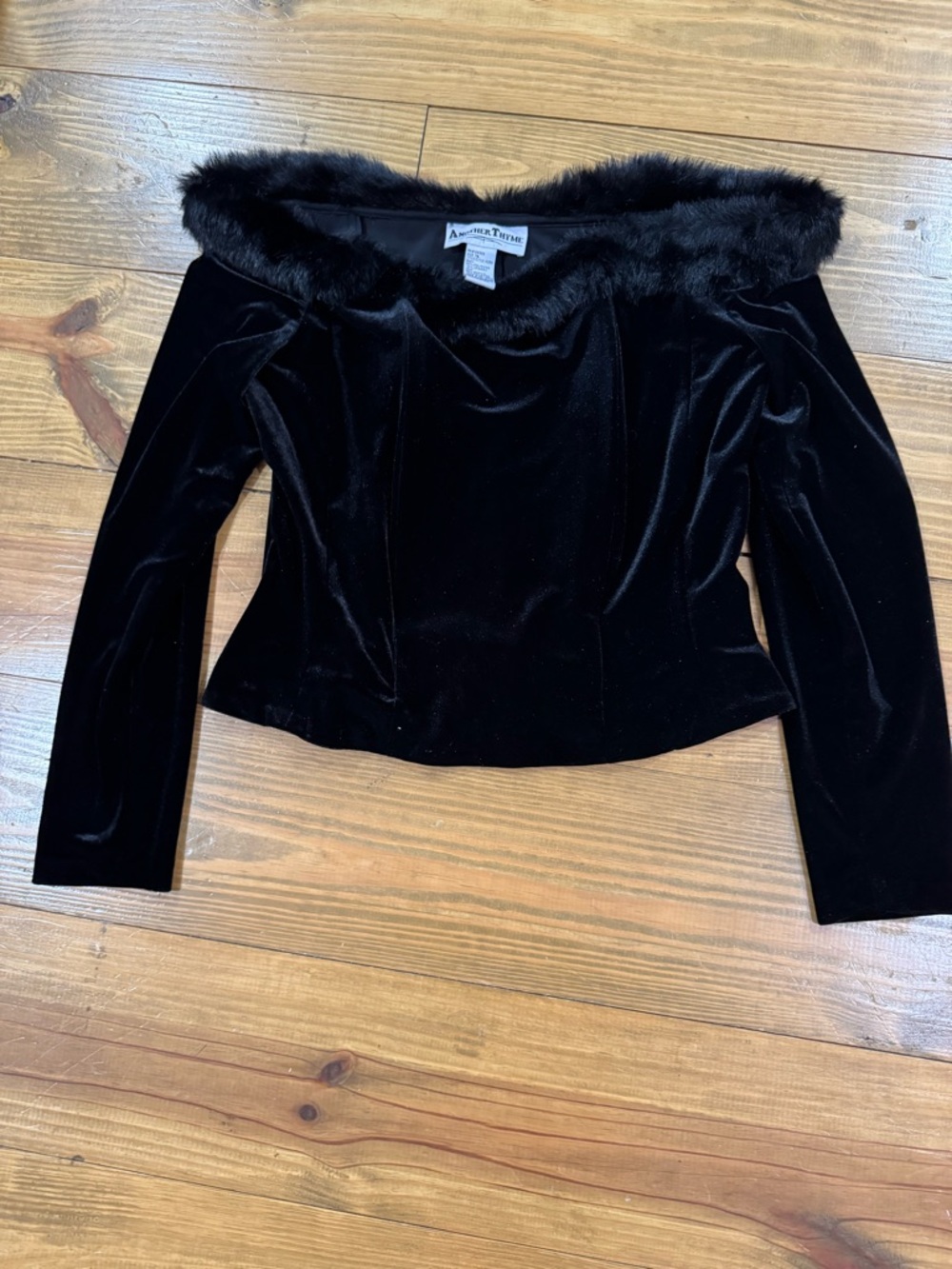 Anna Sui Black Velvet Off-Shoulder Faux Fur Trim Top